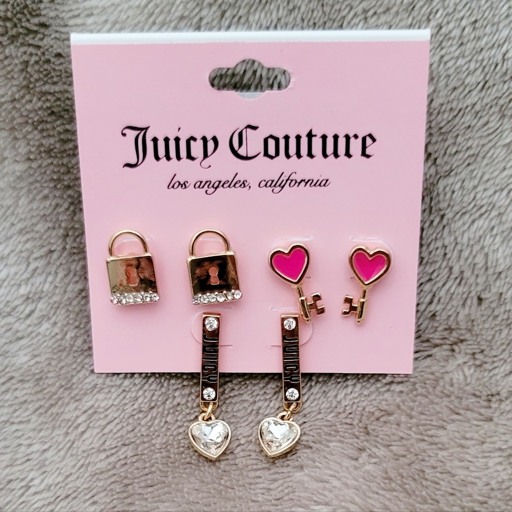 Lock Juicy Drop Heart Gem 3 pair Earrings Gold tone